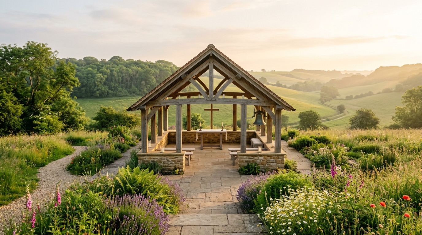 Sacred Open-Air Sanctuary Pavilion in Rolling Countryside